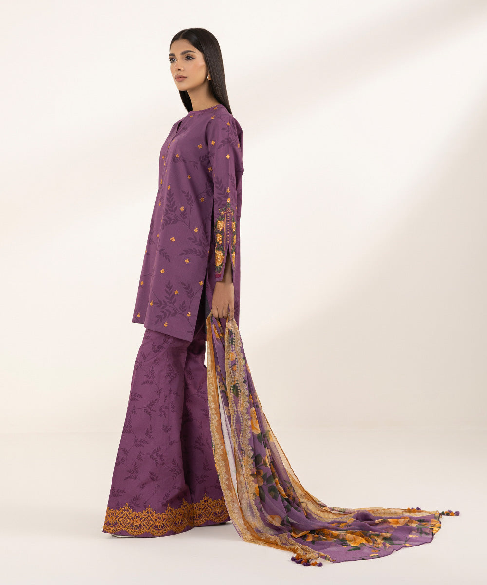 Women's Unstitched Lawn Printed Embroidered Purple 3 Piece Suit