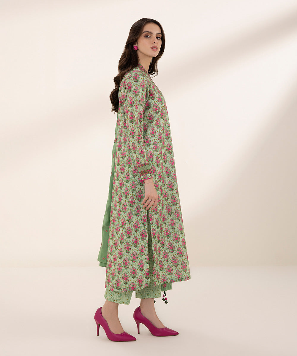 Women's Unstitched Lawn Printed Embroidered Green 3 Piece Suit