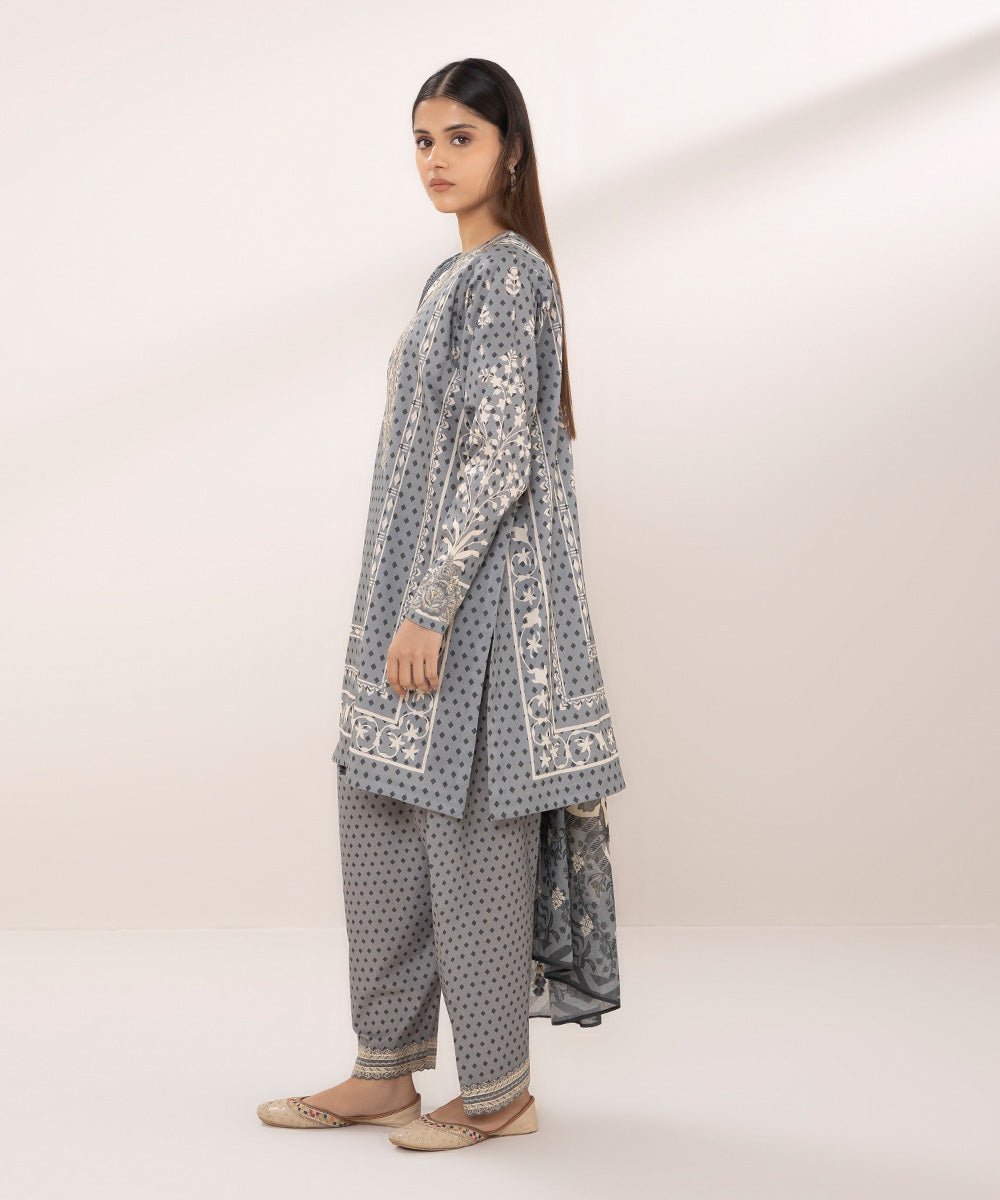 Women's Unstitched Lawn Embroidered Grey 3 Piece Suit