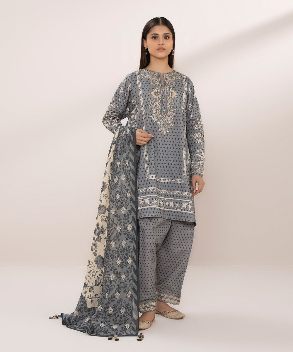 Women's Unstitched Lawn Embroidered Grey 3 Piece Suit