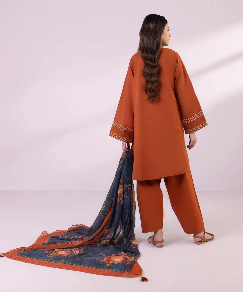 Women's Unstitched Lawn Embroidered Rust Orange 3 Piece Suit