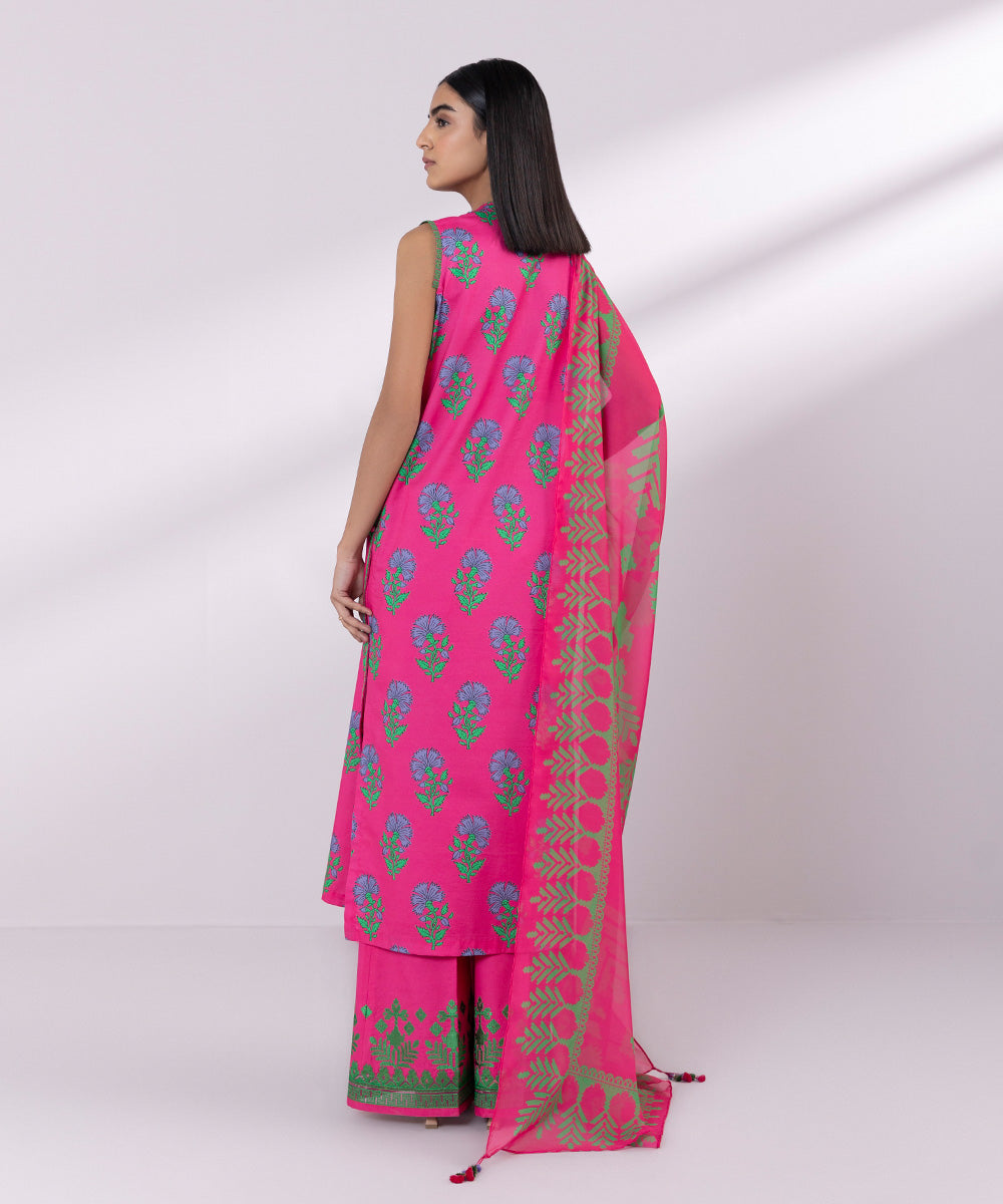 Women's Unstitched Lawn Embroidered Hot Pink 3 Piece Suit