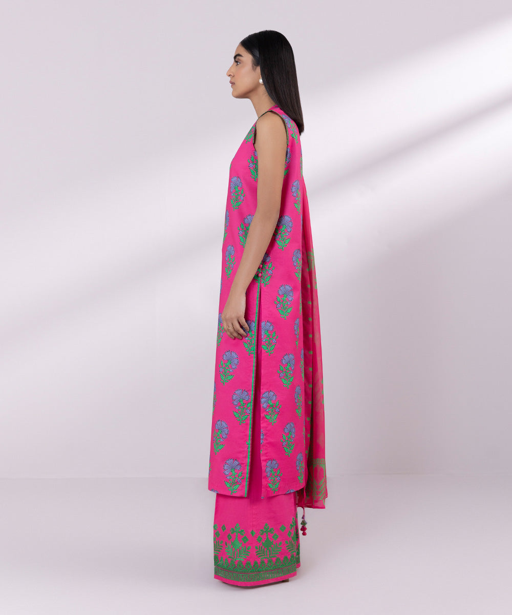 Women's Unstitched Lawn Embroidered Hot Pink 3 Piece Suit