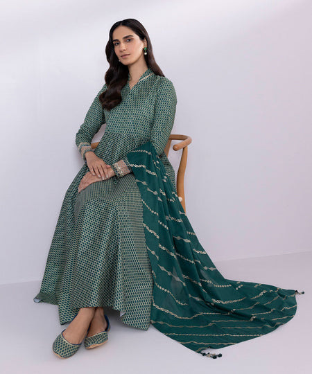 Women's Unstitched Lawn Embroidered Dark Green 3 Piece Suit