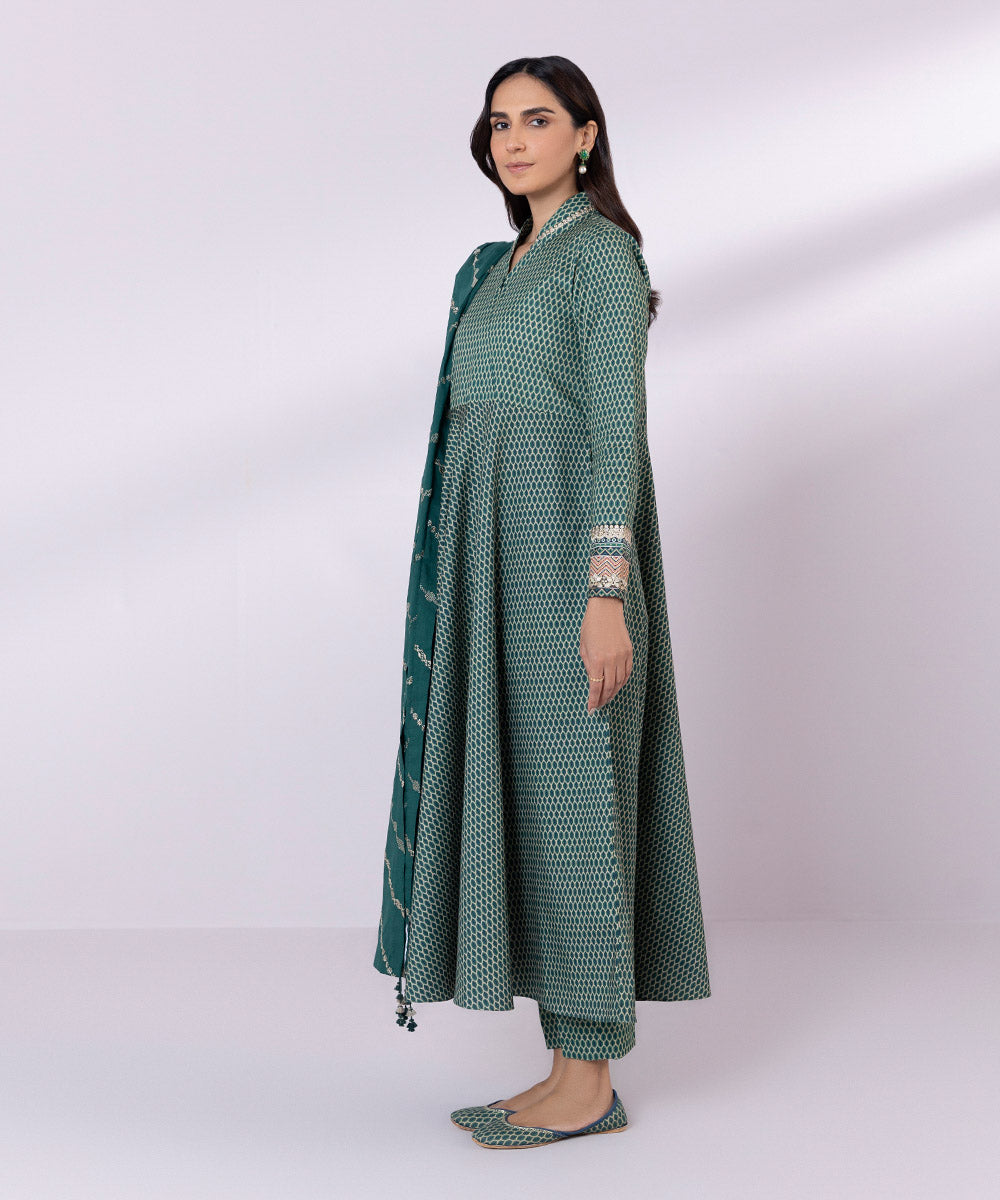 Women's Unstitched Lawn Embroidered Dark Green 3 Piece Suit