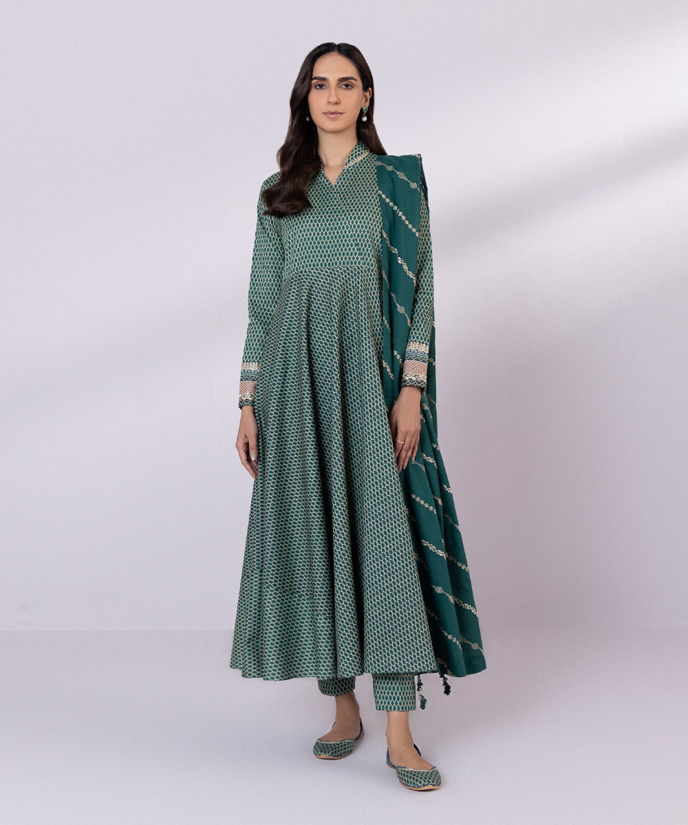 Women's Unstitched Lawn Embroidered Dark Green 3 Piece Suit