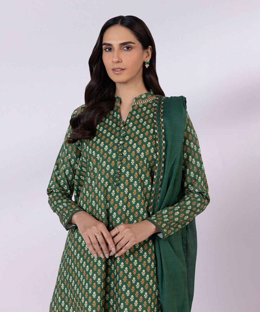 Women's Unstitched Lawn Embroidered Green 3 Piece Suit