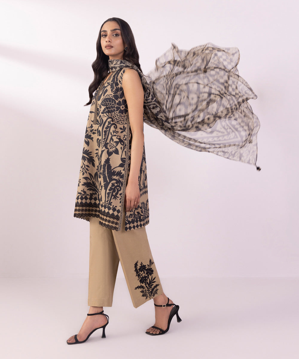 Women's Unstitched Lawn Embroidered Beige 3 Piece Suit