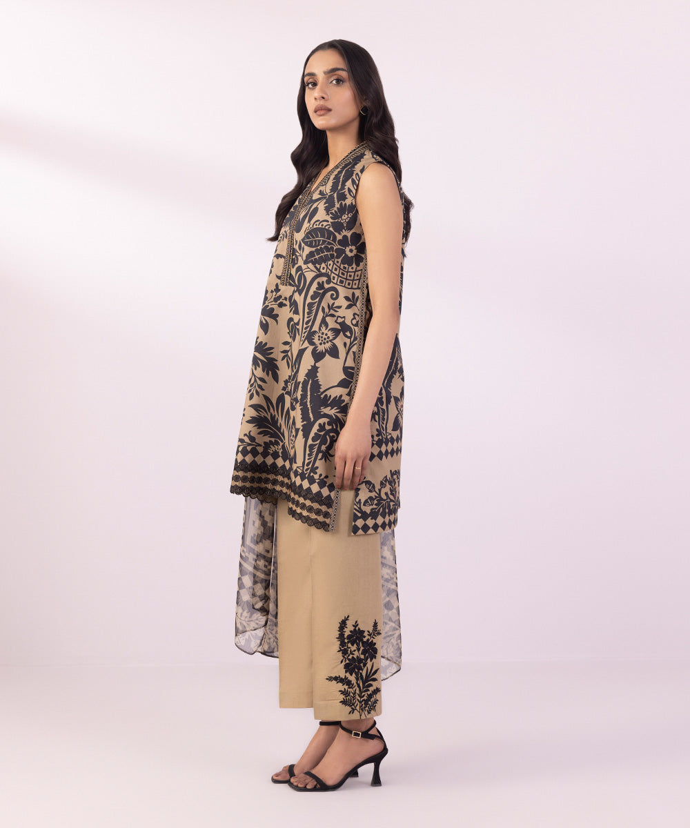 Women's Unstitched Lawn Embroidered Beige 3 Piece Suit