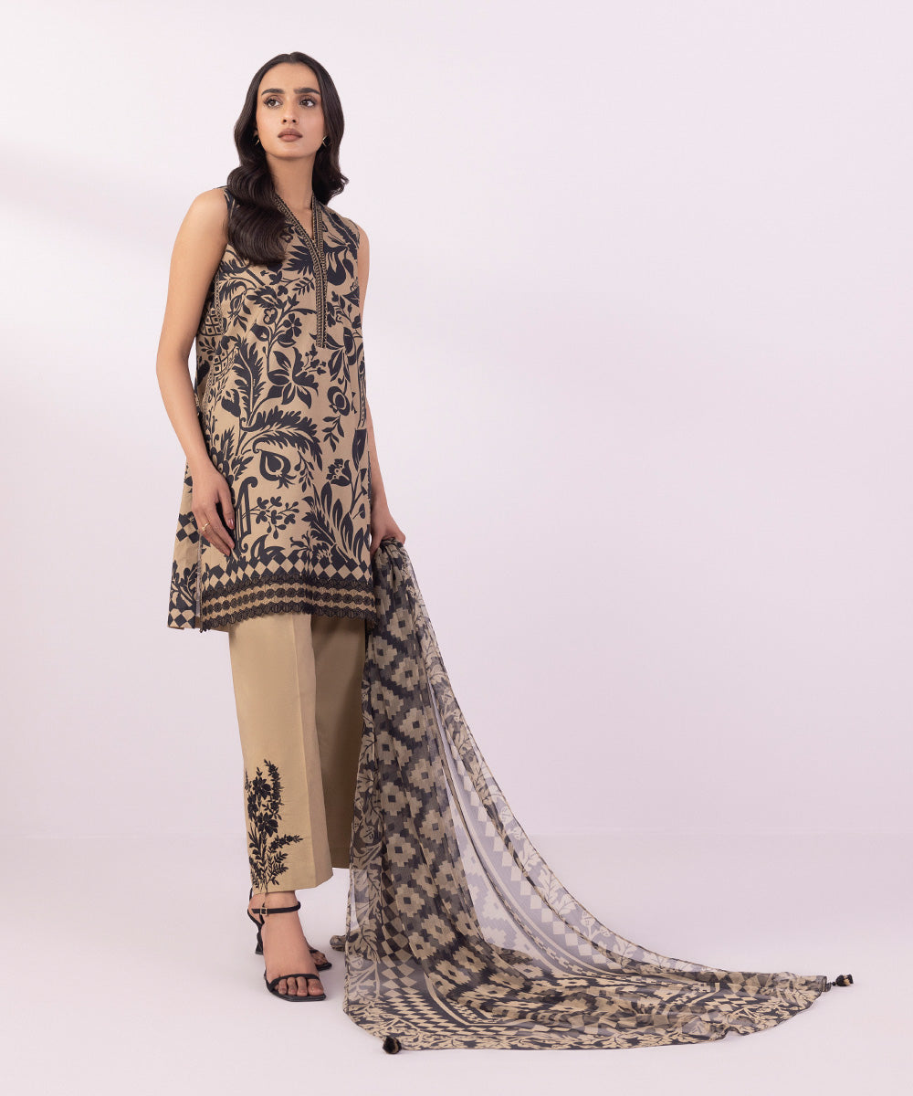 Women's Unstitched Lawn Embroidered Beige 3 Piece Suit