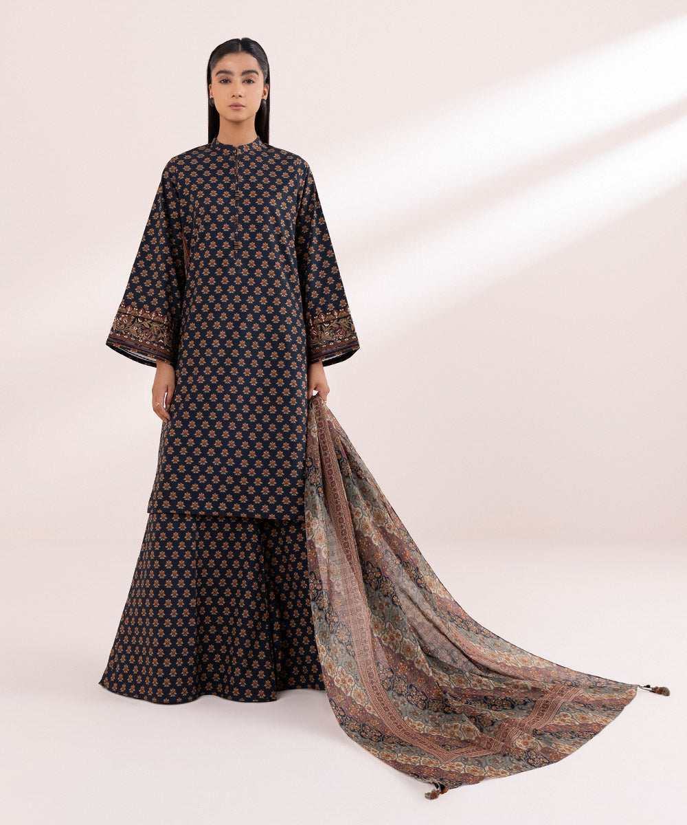 Women's Unstitched Lawn Black Embroidered 3 Piece Suit