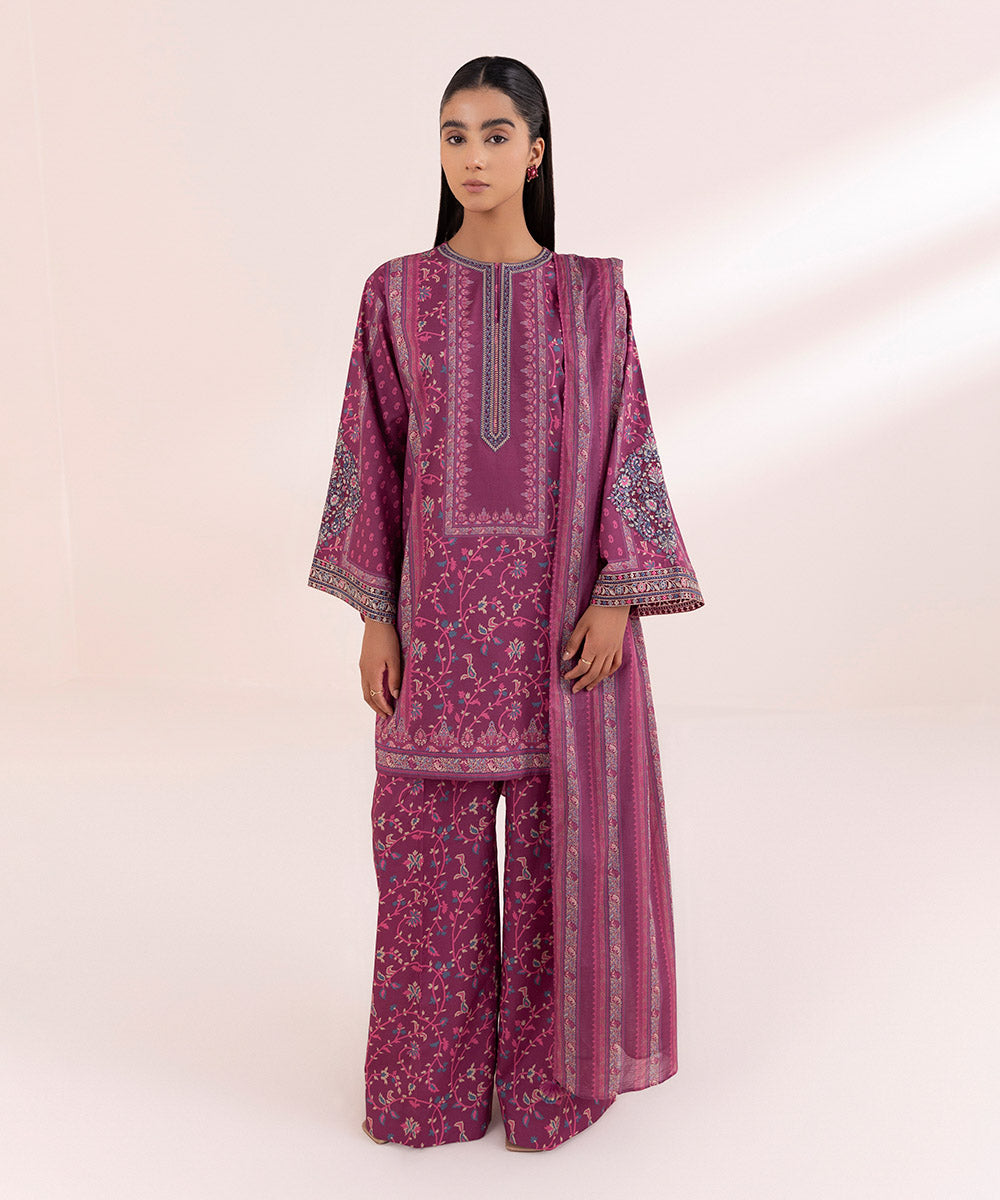 Women's Unstitched Lawn Purple Embroidered 3 Piece Suit