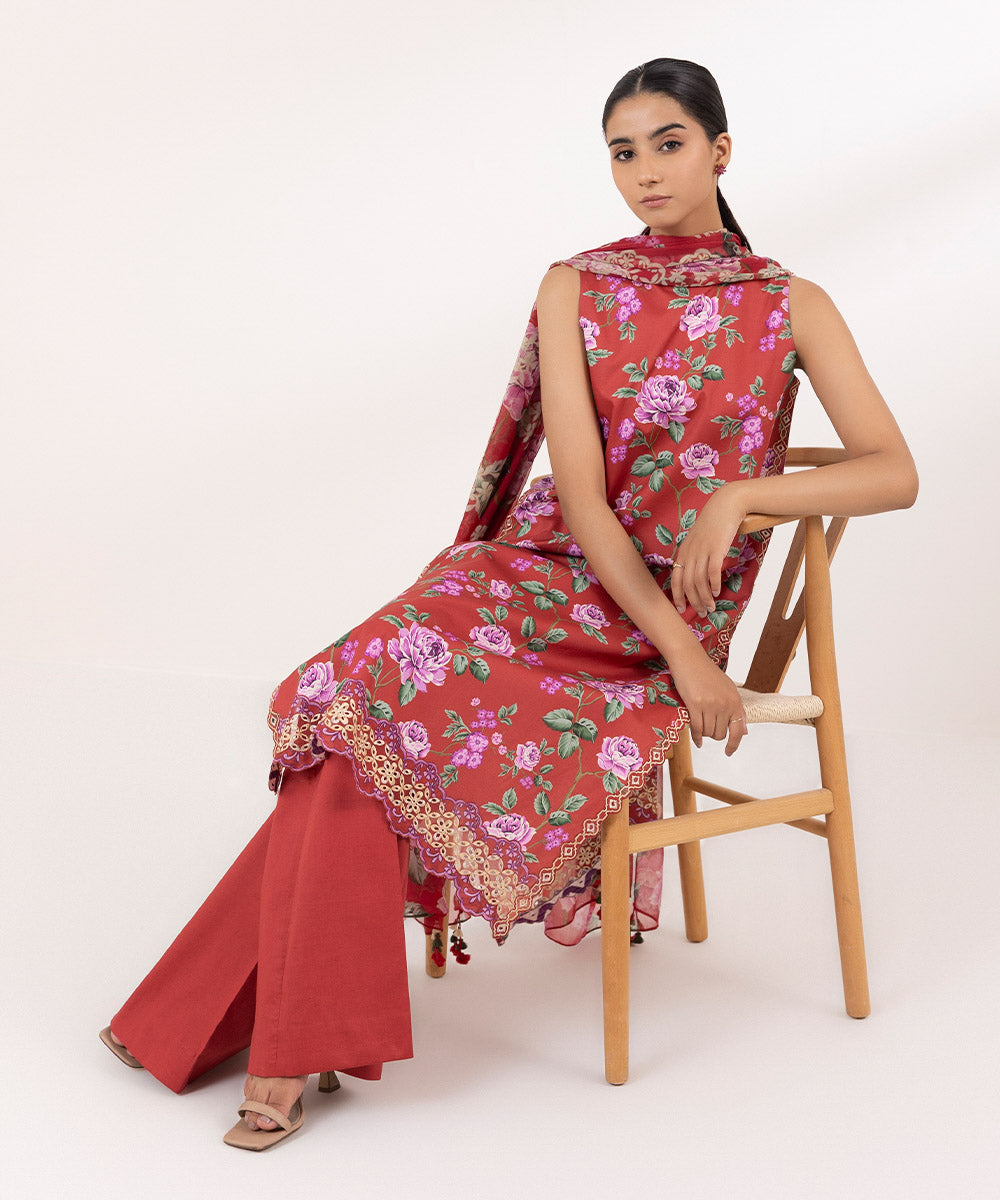Women's Slub Cambric Printed Embroidered Red Unstitched 3 Piece Suit