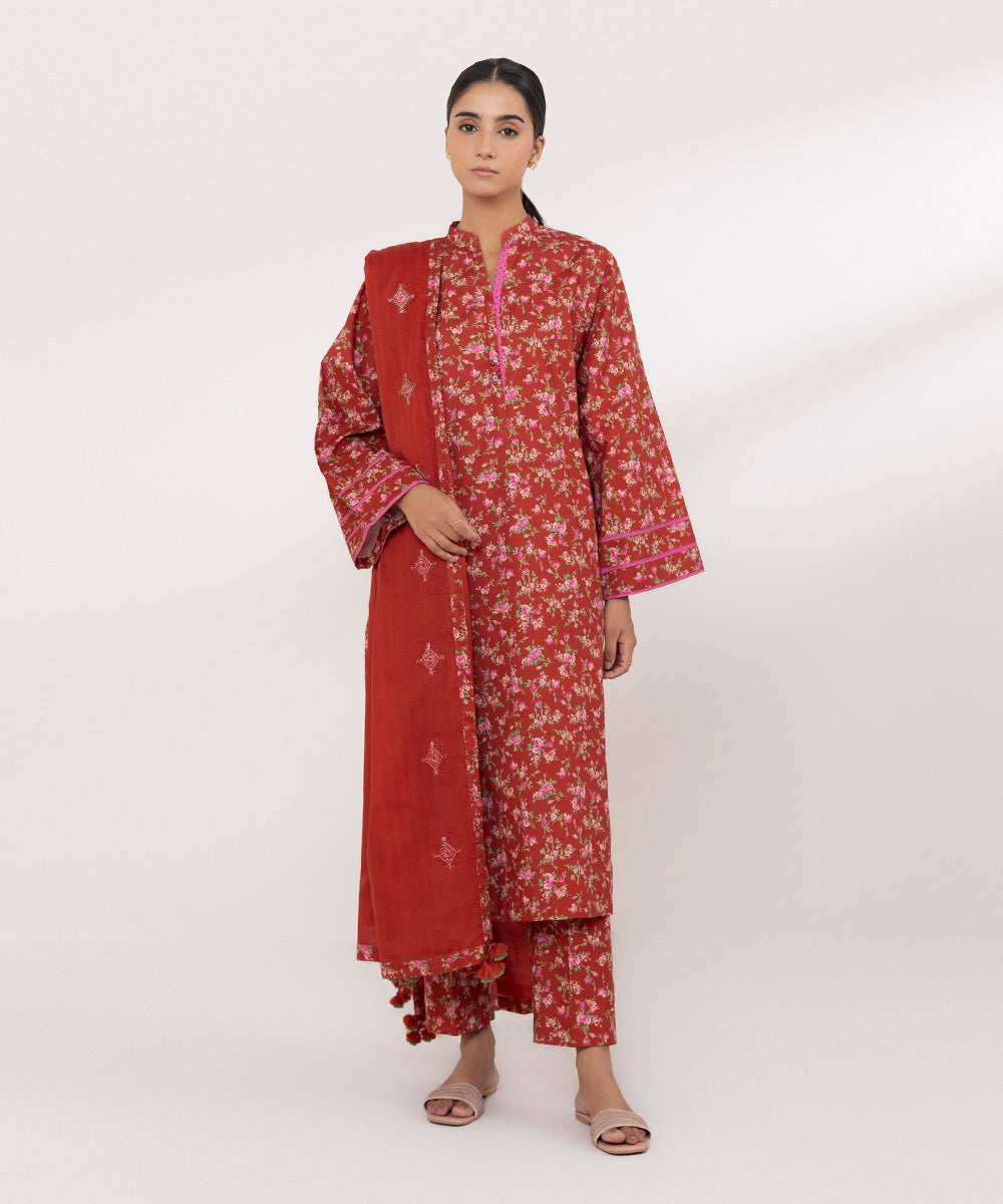 Women's Cambric Embroidered Red Unstitched 3 Piece Suit