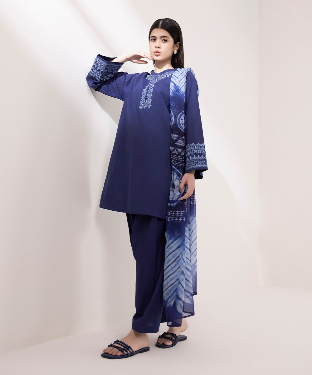 Women's Unstitched Lawn Embroidered Blue 3 Piece Suit