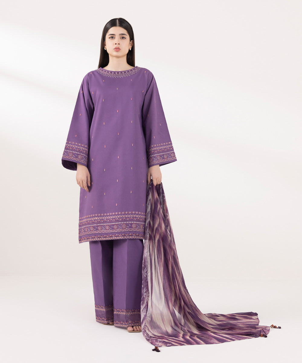 Women's Unstitched Cambric Embroidered Purple 3 Piece Suit