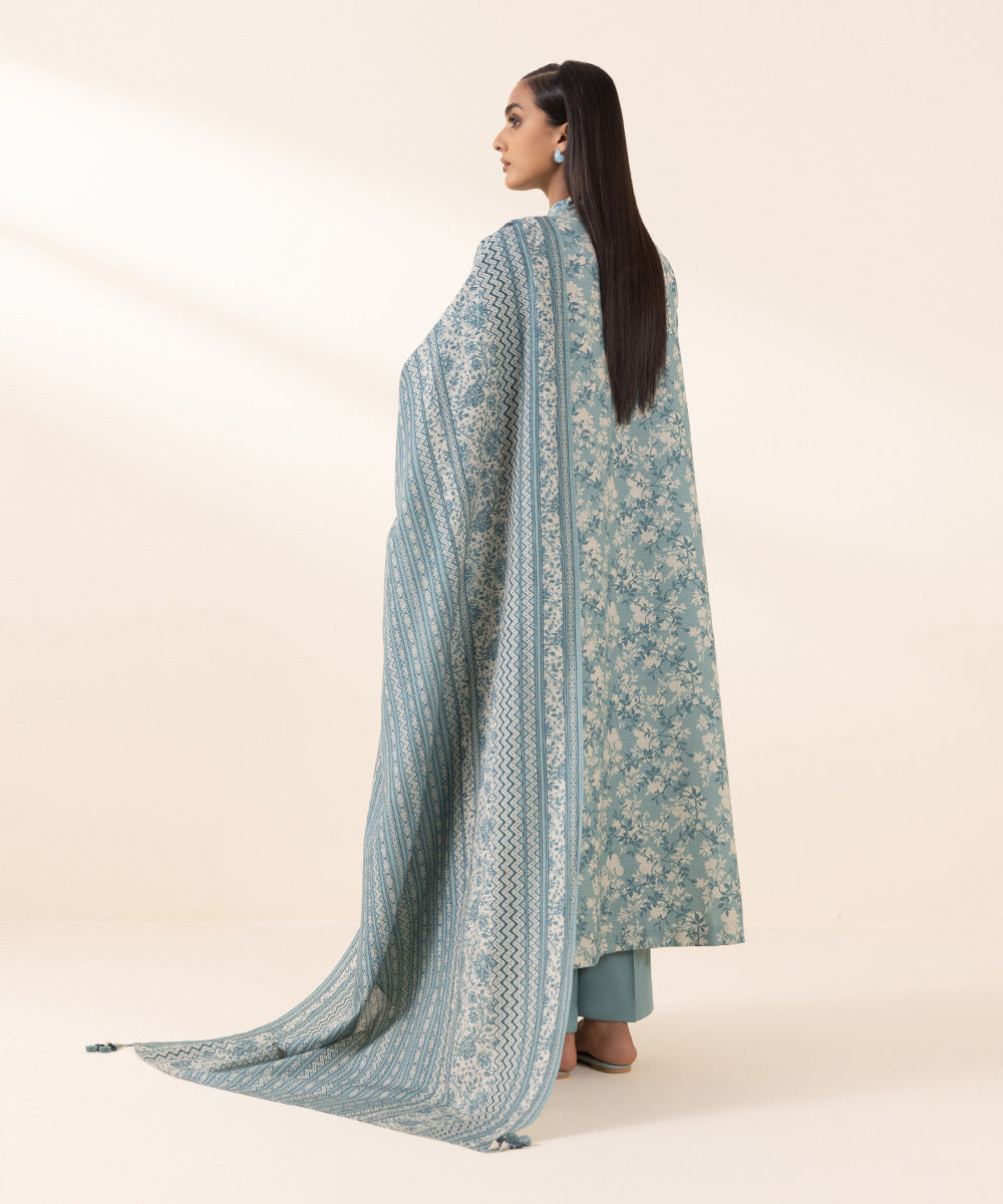 Women's Unstitched Light Khaddar Blue Embroidered 3 Piece Suit