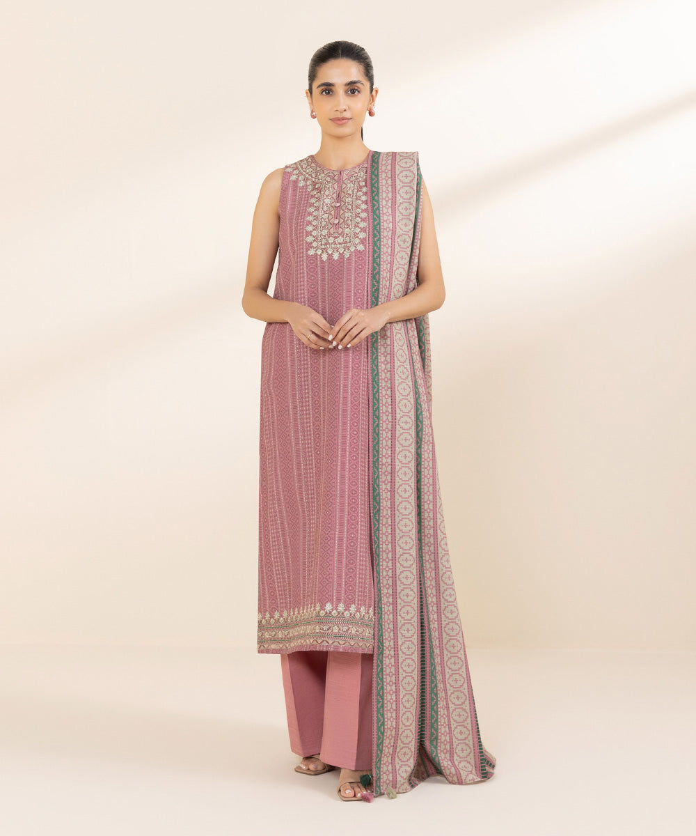 Women's Unstitched Light Khaddar Pink Embroidered 3 Piece Suit