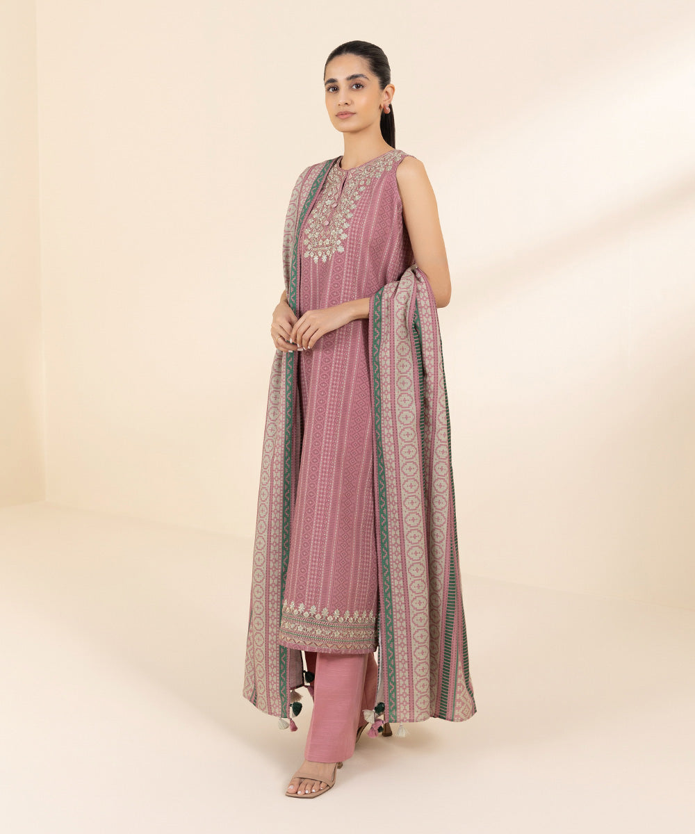 Women's Unstitched Light Khaddar Pink Embroidered 3 Piece Suit