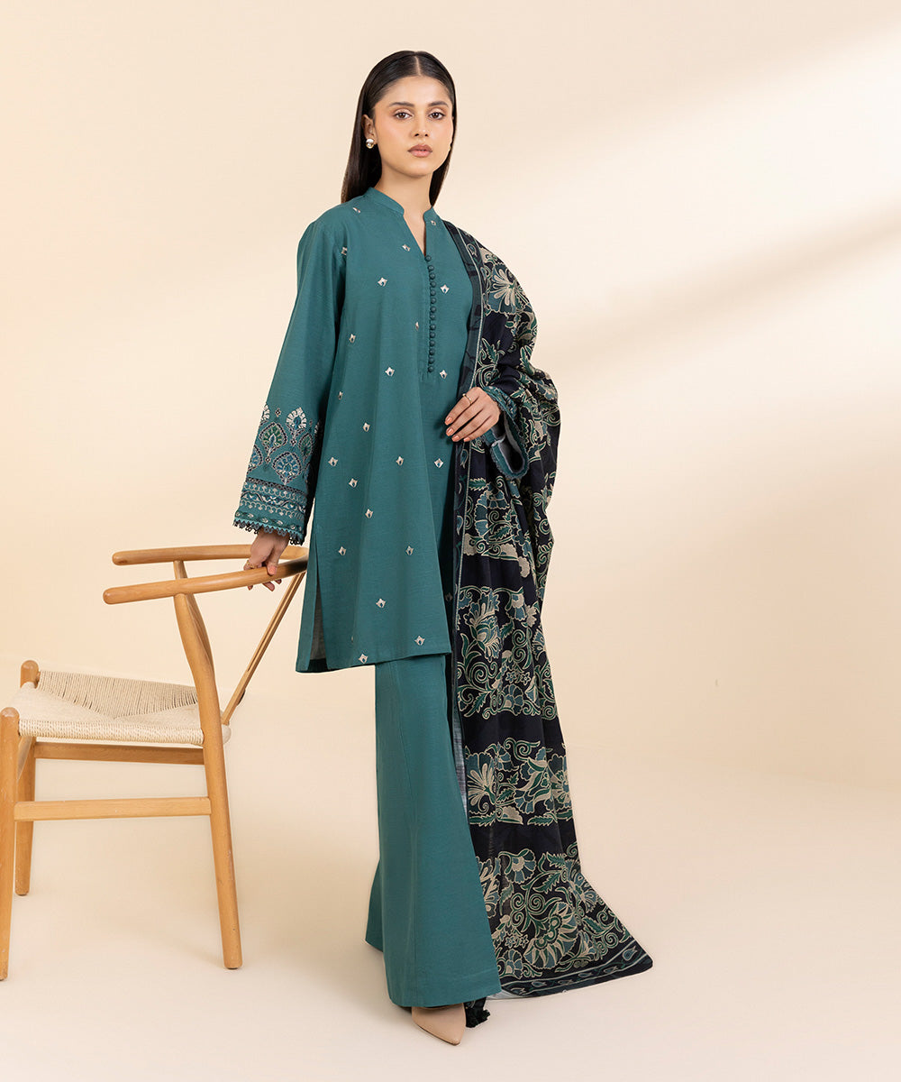 Women's Unstitched Khaddar Embroidered Green 3 Piece Suit