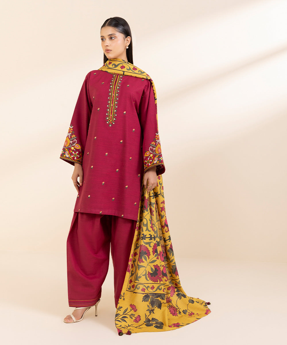 Women's Unstitched Khaddar Embroidered Pink 3 Piece Suit