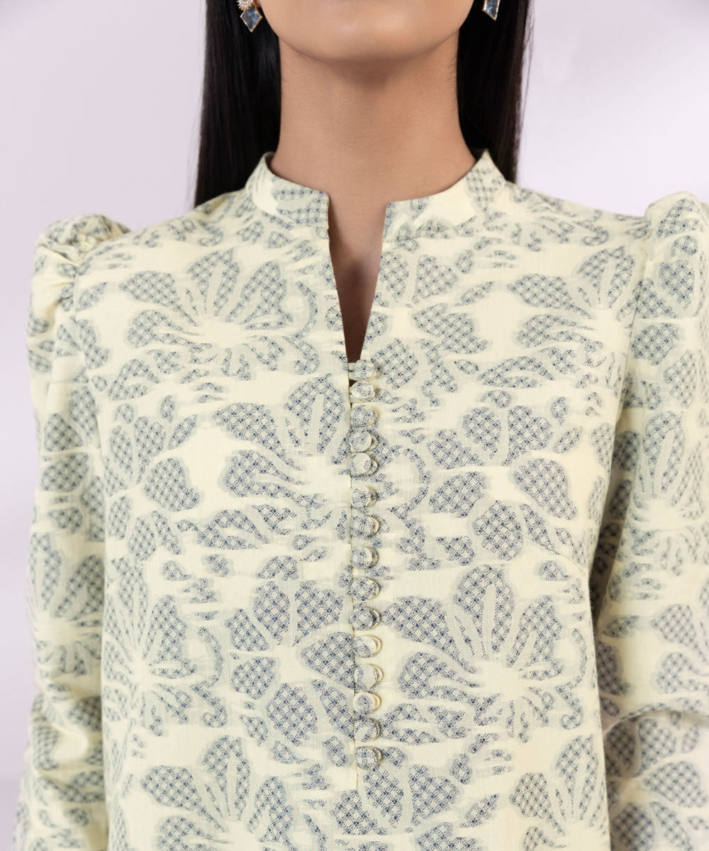 Women's Pret Extra Weft Jacquard Embroidered Off White Straight Shirt