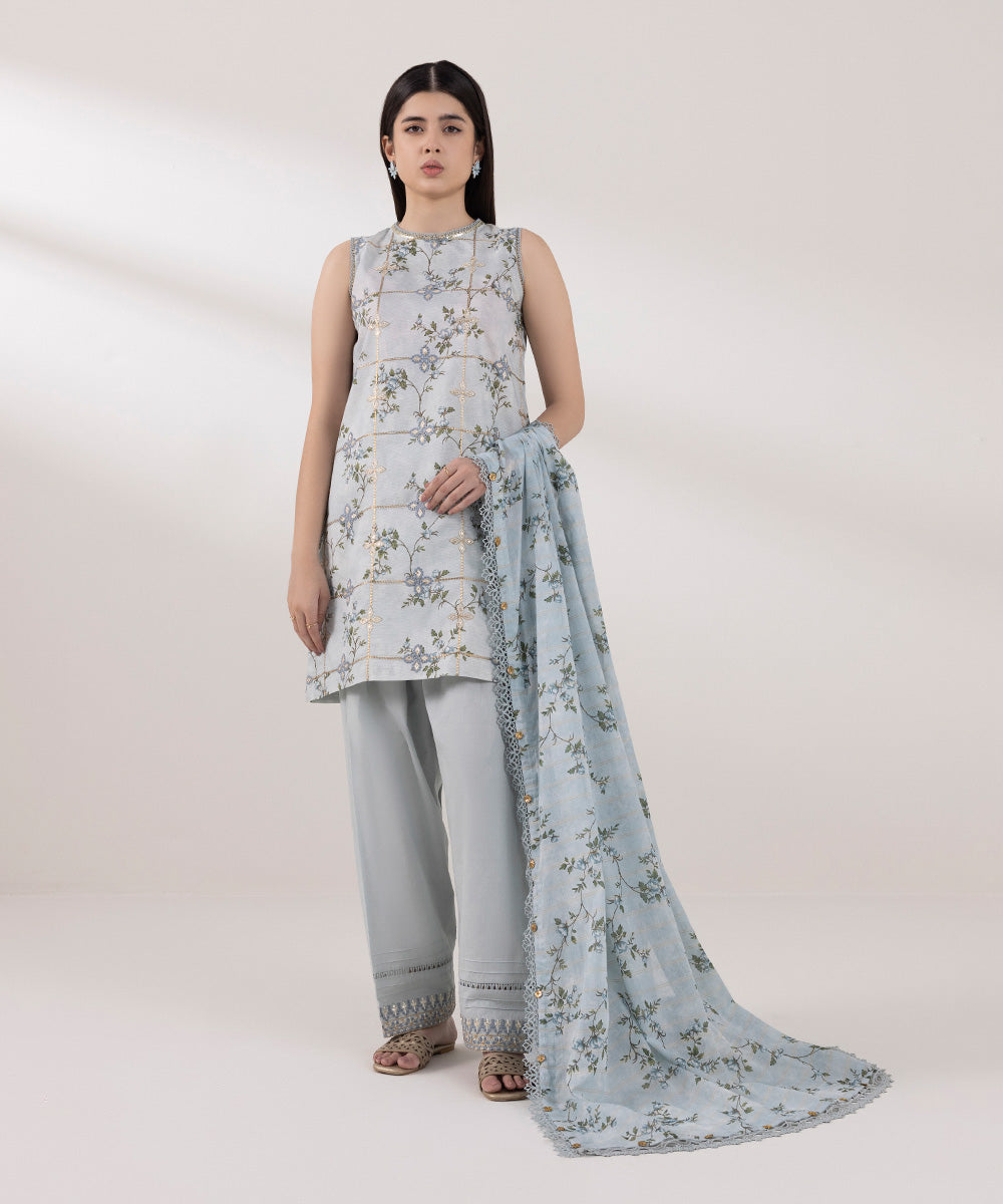 Zari Voile Blue Printed Dupatta