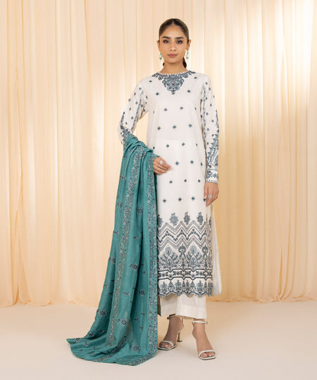 Women's Unstitched Cotton Jacquard Beige Embroidered 3 Piece Suit