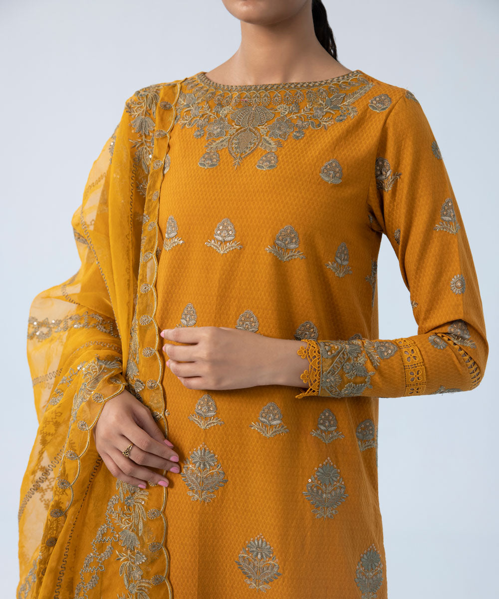 Women's Winter Unstitched Embroidered Dobby Orange 3 Piece Suit