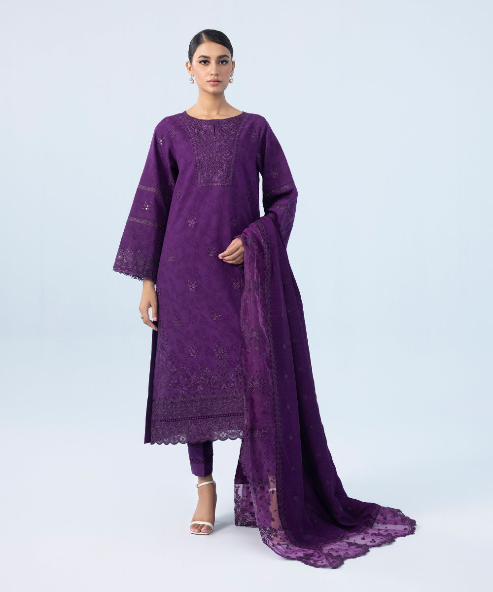 Women's Winter Unstitched Embroidered Cotton Jacquard Purple 3 Piece Suit