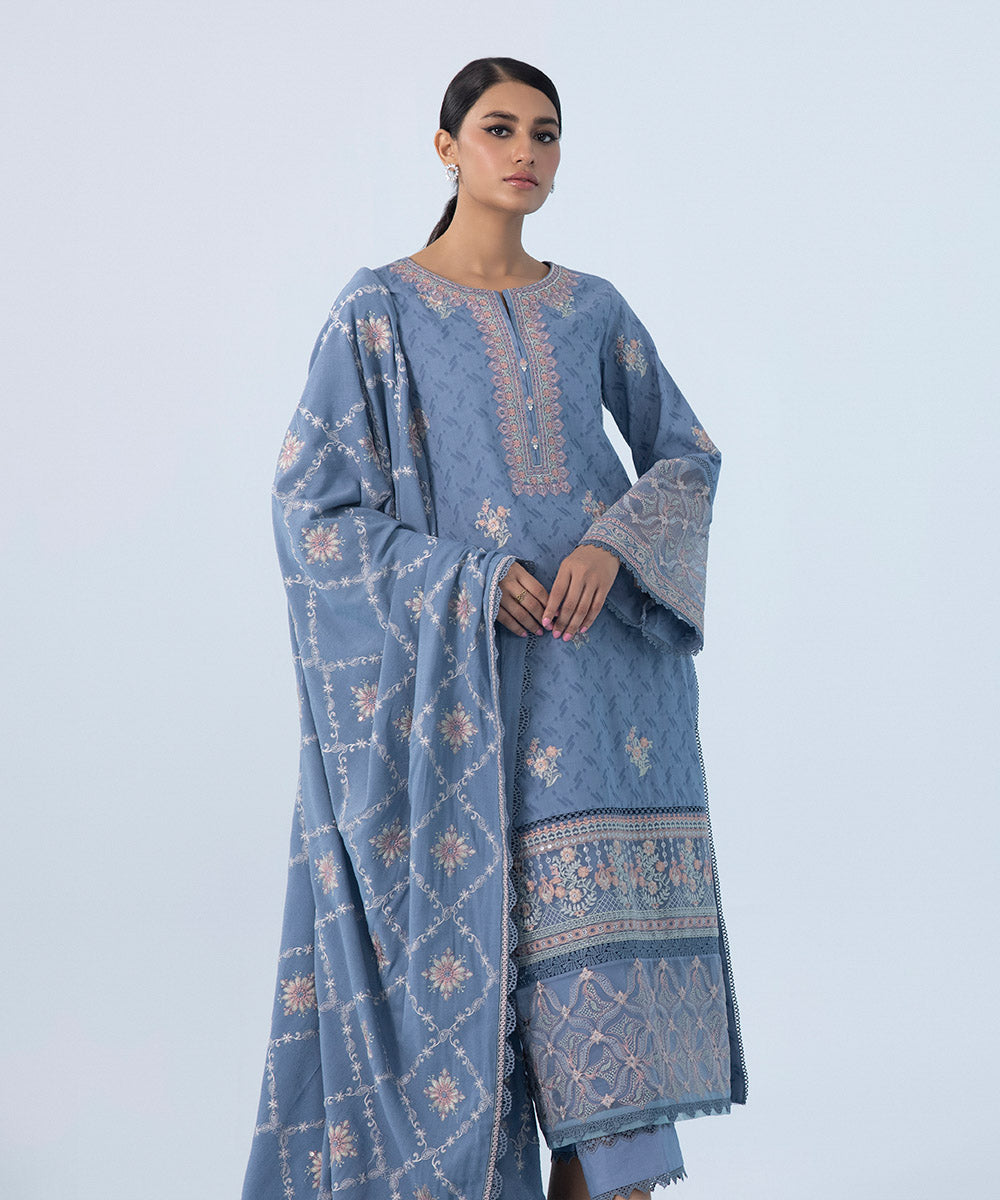 Women's Winter Unstitched Embroidered Cotton Jacquard Blue 3 Piece Suit