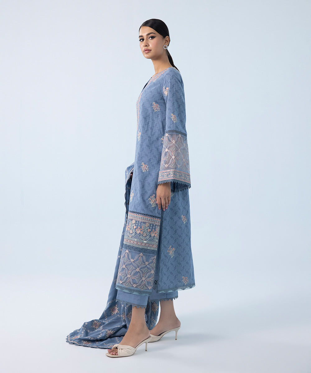 Women's Winter Unstitched Embroidered Cotton Jacquard Blue 3 Piece Suit