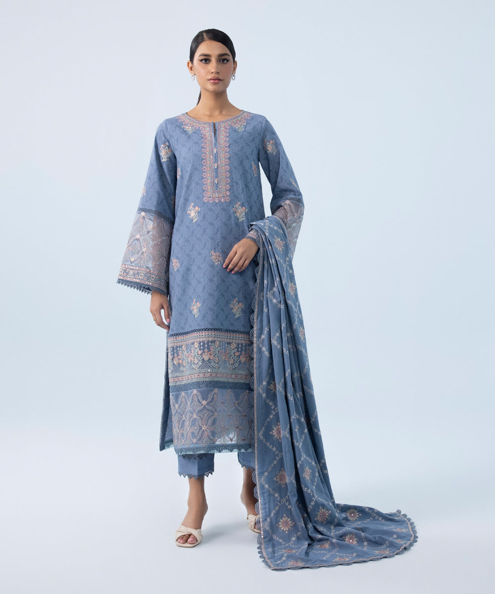 Women's Winter Unstitched Embroidered Cotton Jacquard Blue 3 Piece Suit