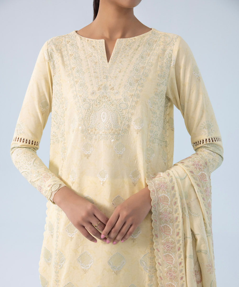 Women's Winter Unstitched Embroidered Cotton Jacquard Yellow 3 Piece Suit