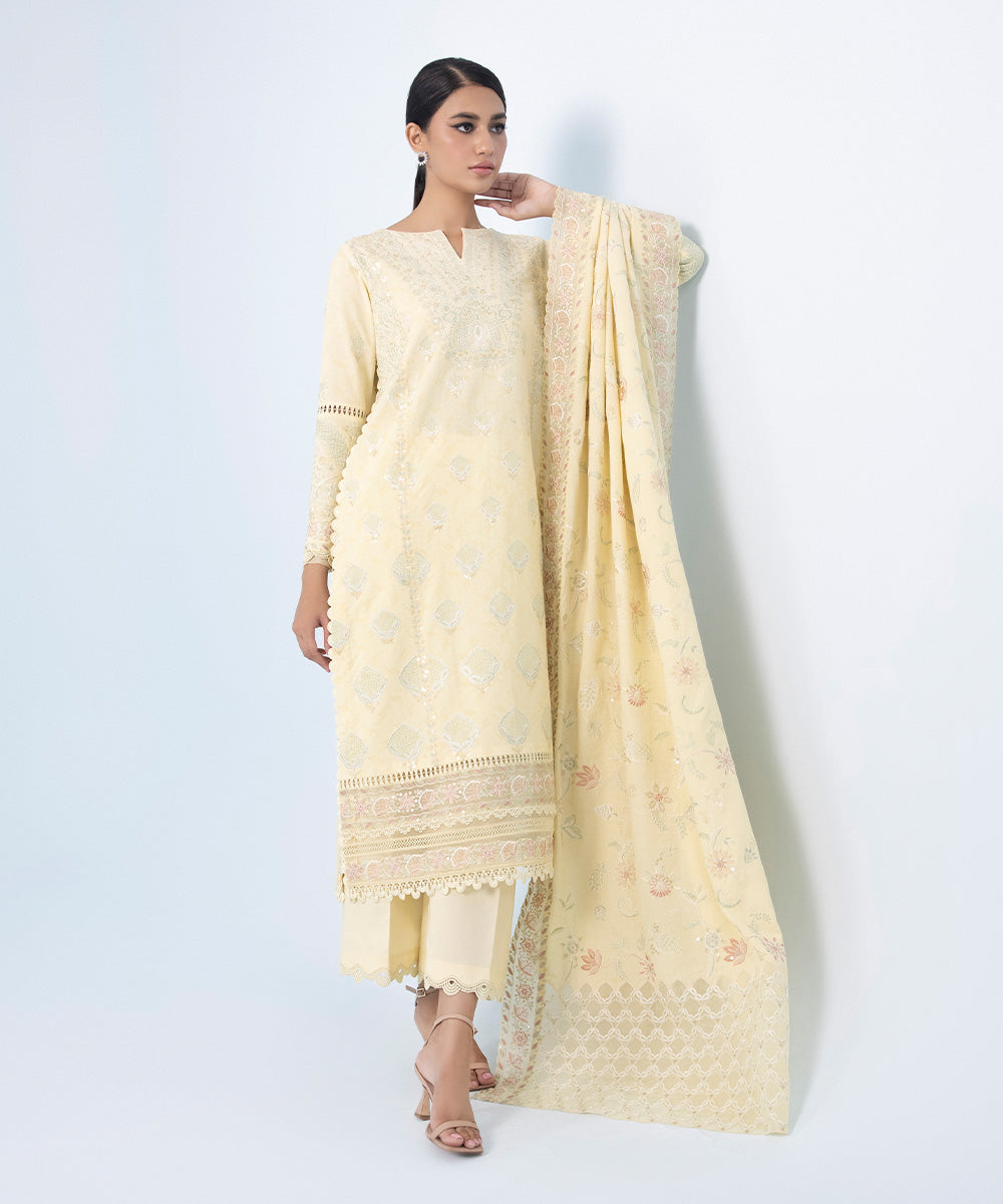 Women's Winter Unstitched Embroidered Cotton Jacquard Yellow 3 Piece Suit