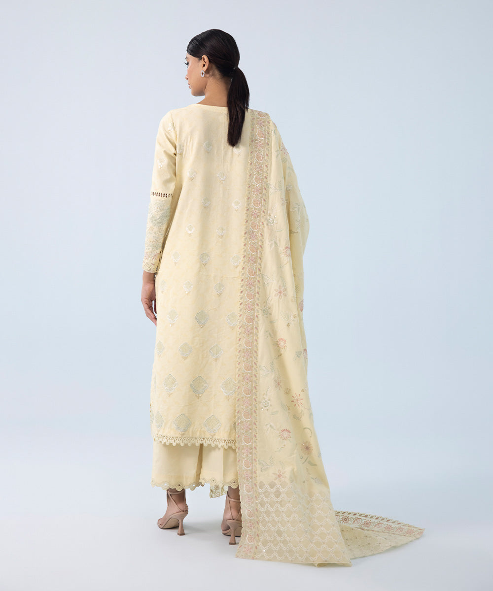 Women's Winter Unstitched Embroidered Cotton Jacquard Yellow 3 Piece Suit