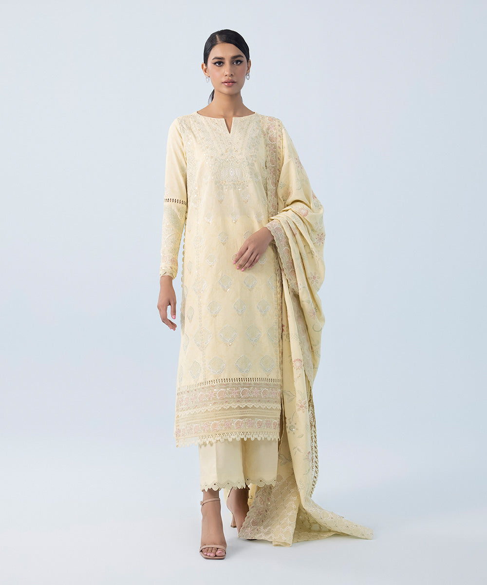 Women's Winter Unstitched Embroidered Cotton Jacquard Yellow 3 Piece Suit