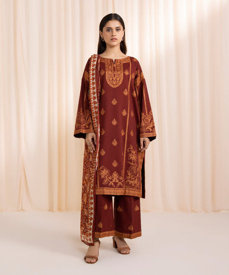 Women's Unstitched Cotton Karandi Red Embroidered 3 Piece Suit