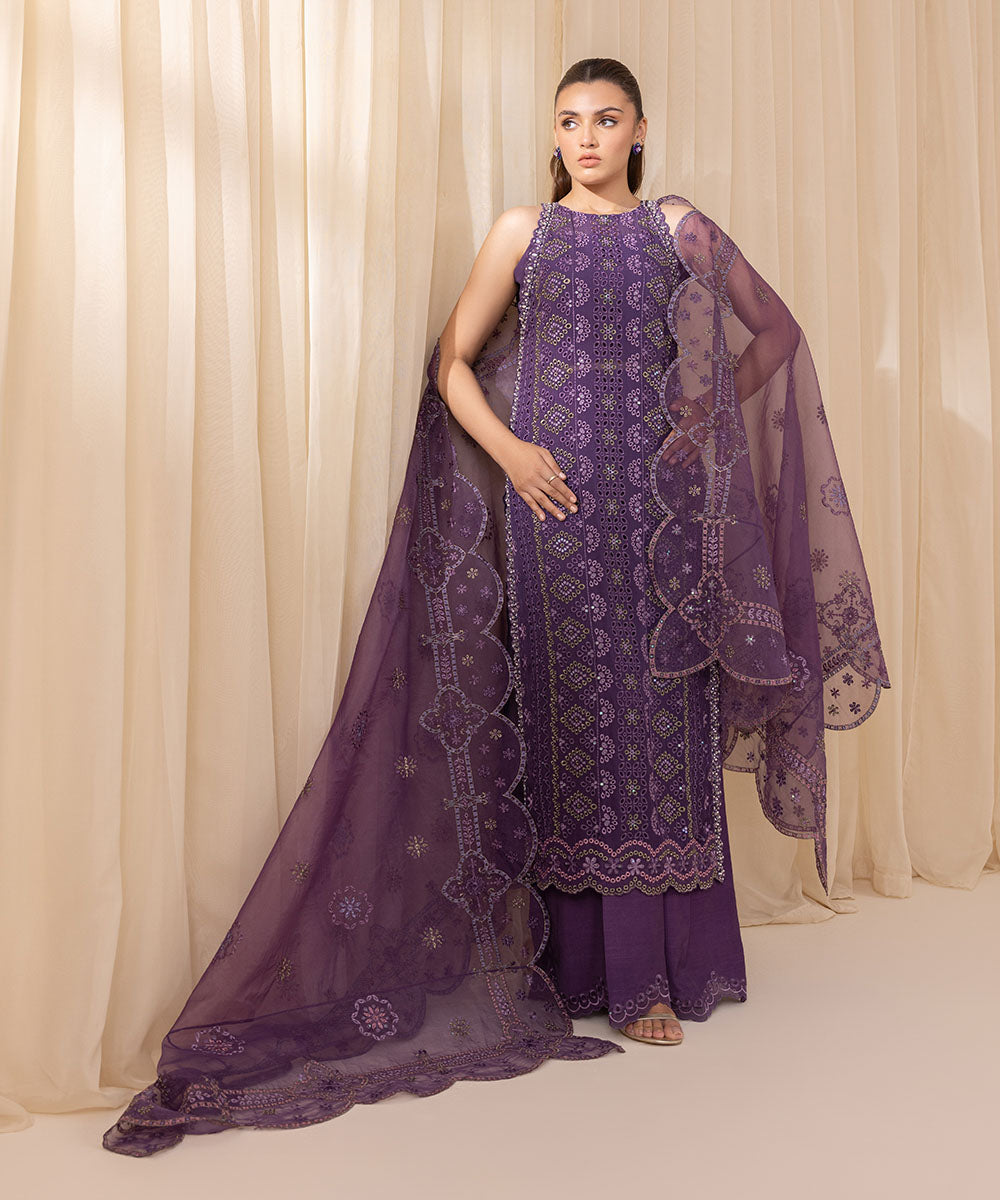 Women's Unstitched Purple Georgette Chiffon Three Piece Suit