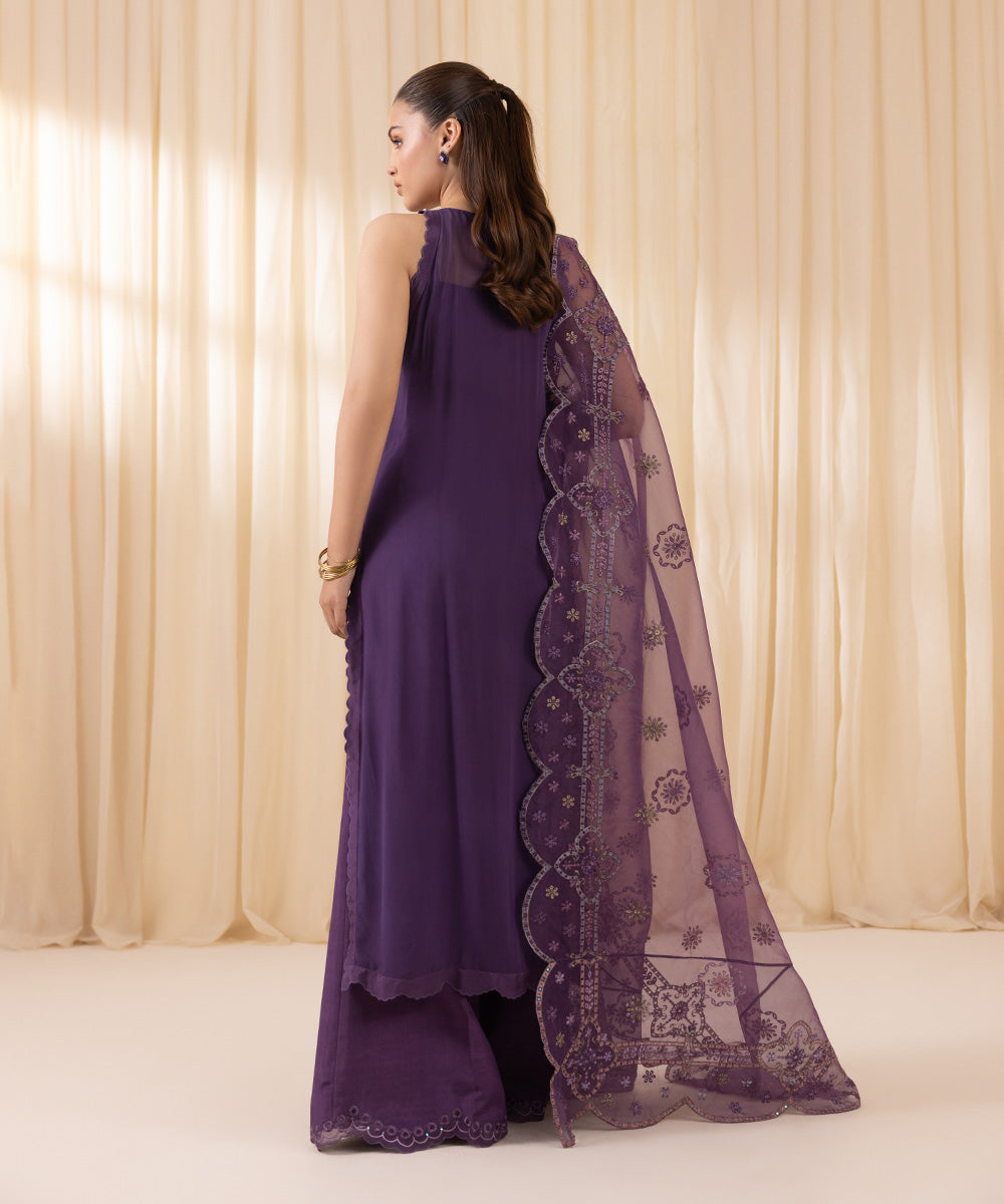 Women's Unstitched Purple Georgette Chiffon Three Piece Suit