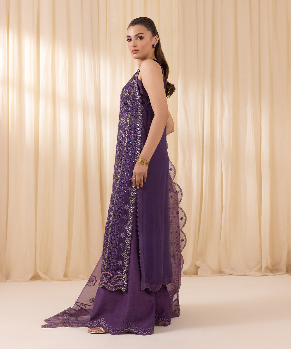 Women's Unstitched Purple Georgette Chiffon Three Piece Suit