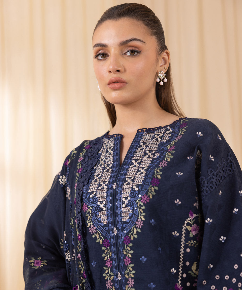 Women's Unstitched Embroidered Prussian Blue Cotton Jacquard Three Piece Suit