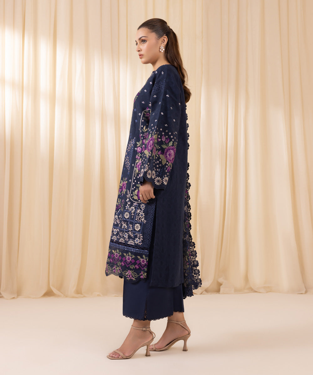 Women's Unstitched Embroidered Prussian Blue Cotton Jacquard Three Piece Suit