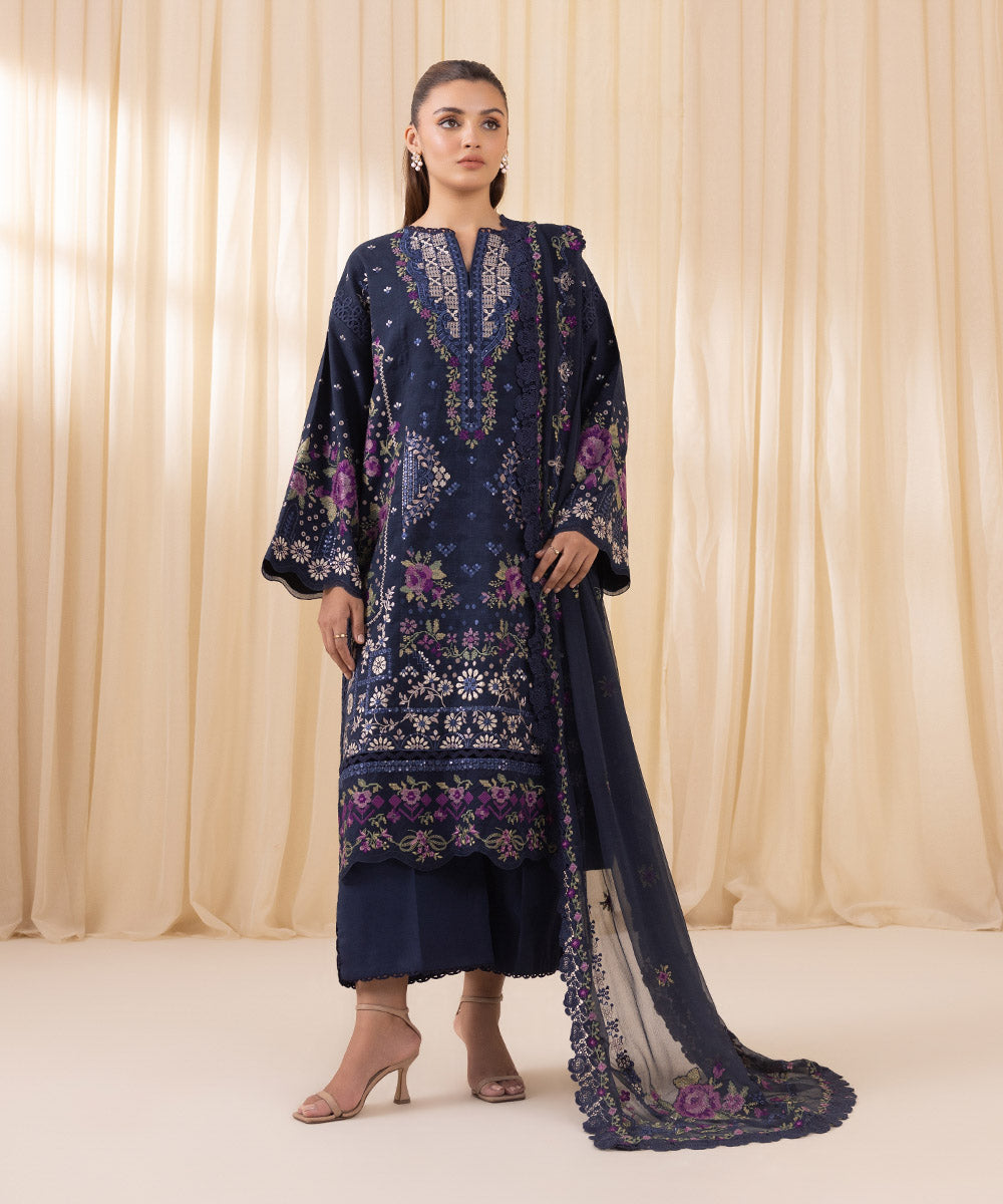 Women's Unstitched Embroidered Prussian Blue Cotton Jacquard Three Piece Suit