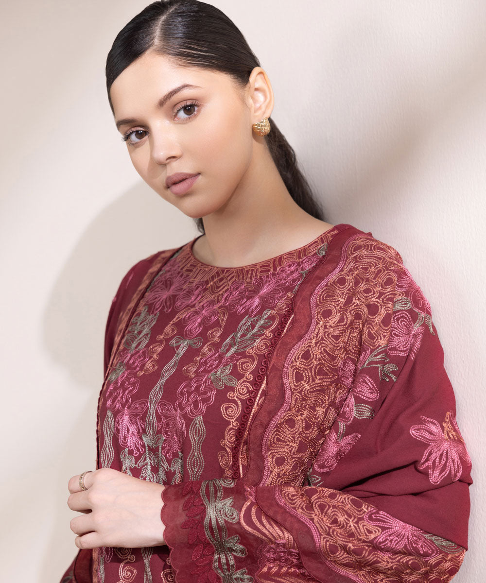 Women's Unstitched Embroidered Maroon Cotton Karandi Three Piece Suit