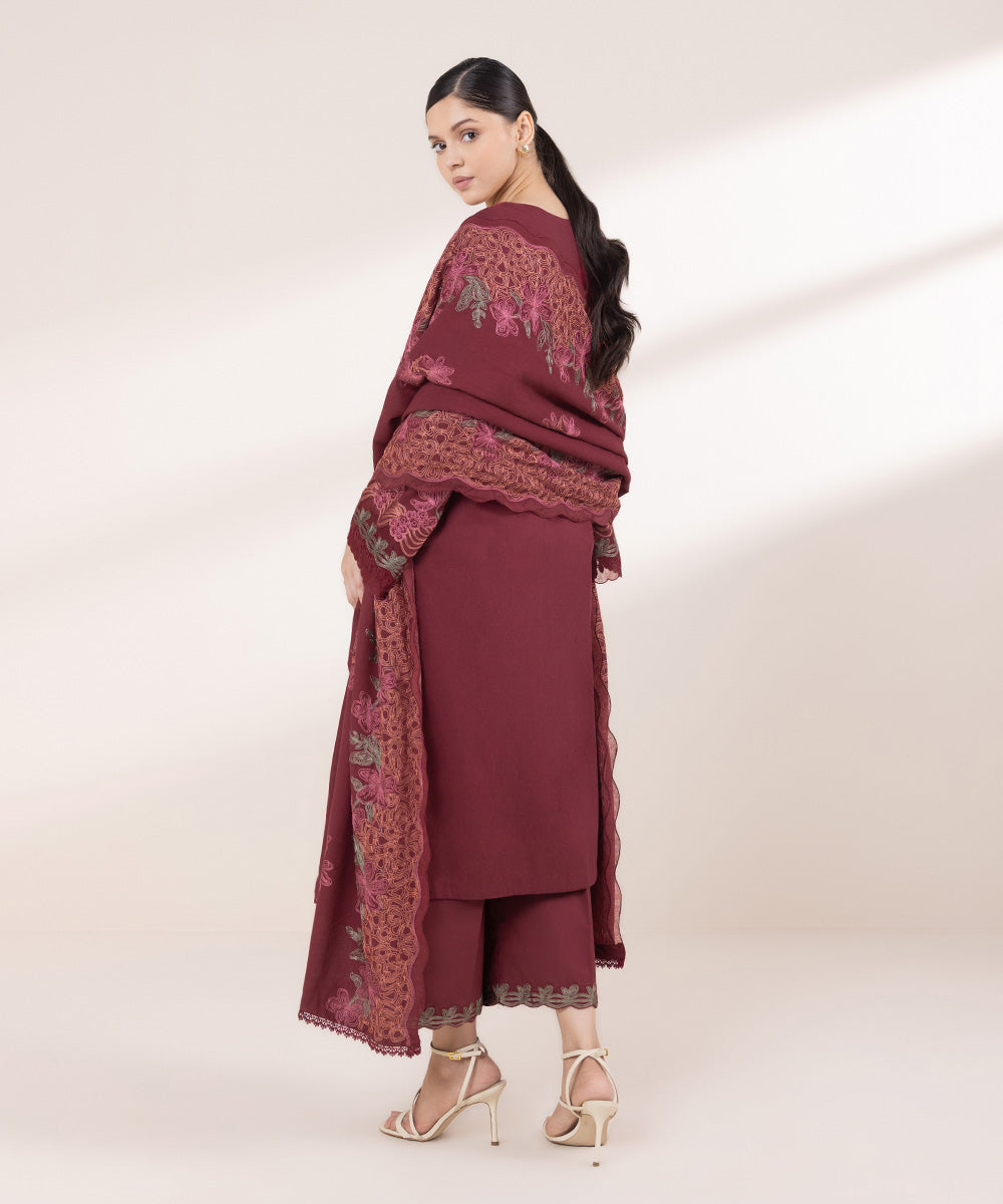 Women's Unstitched Embroidered Maroon Cotton Karandi Three Piece Suit