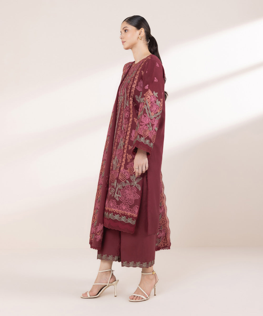 Women's Unstitched Embroidered Maroon Cotton Karandi Three Piece Suit