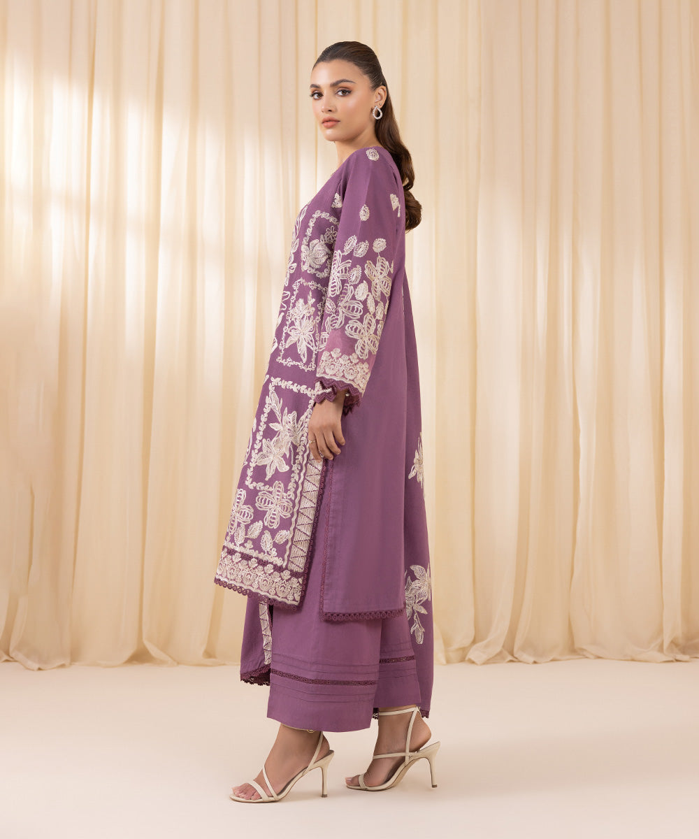 Women's Unstitched Embroidered Mauve Cotton Karandi Three Piece Suit