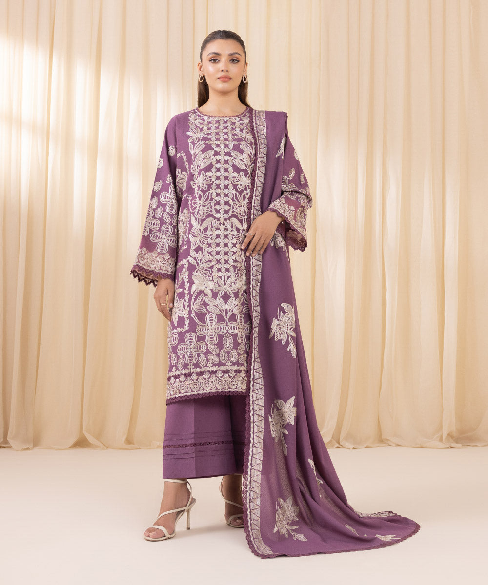 Women's Unstitched Embroidered Mauve Cotton Karandi Three Piece Suit