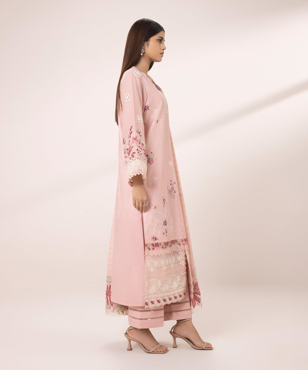 Women's Unstitched Cambric Embroidered Pink 3 Piece Suit